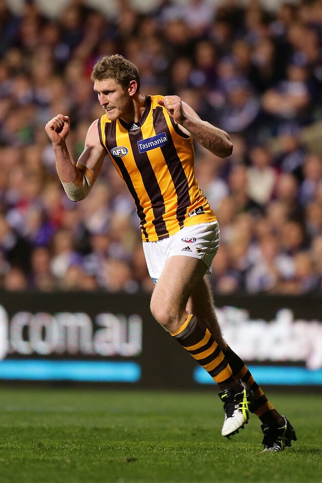 AFL 2015 First Preliminary Final - Fremantle v Hawthorn PERTH, AUSTRALIA - SEPTEMBER 25: Ben McEvoy of the Hawks celebrates after scoring a goal during the 2015 AFL First Preliminary Final match between the Fremantle Dockers and the Hawthorn Hawks at Domain Stadium, Perth, Australia on September 25, 2015. (Photo by Will Russell/AFL Media)